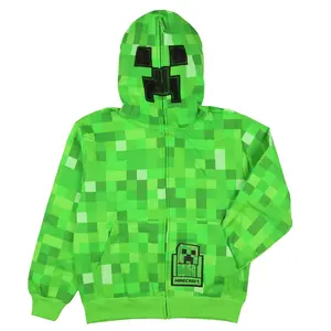 Mad Engine Minecraft Boys' I Am Creeper Allover Pixel Design Big Kids Full-Zip Hoodie Rubber Creeper Zipper Pull