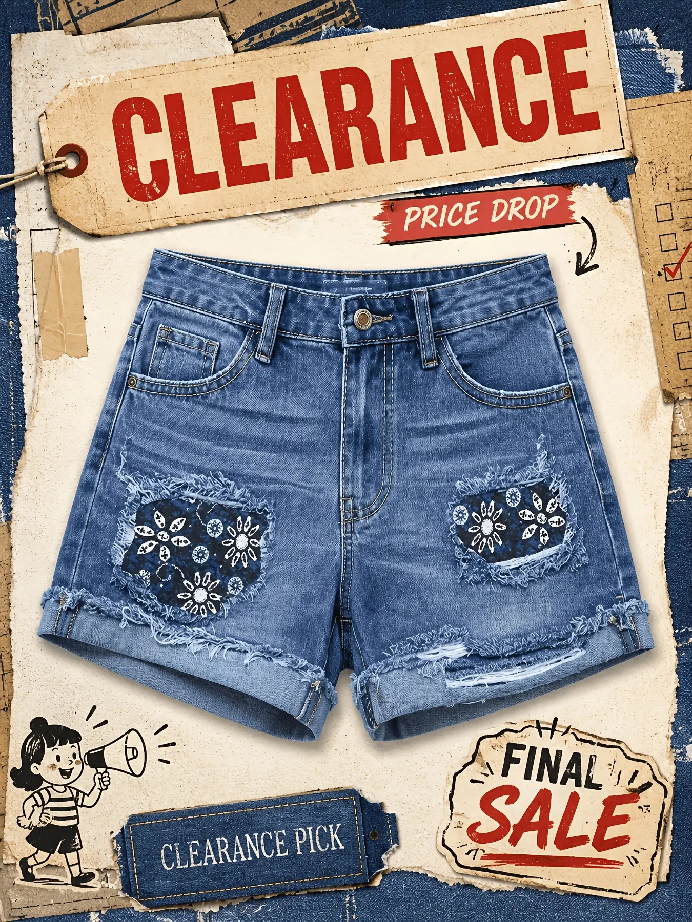 Women’s High‑Waist Stretch Denim Shorts, Medium Wash Floral Print Patchwork, Frayed Raw‑Edge Roll‑Cuff Jean Shorts, Summer Casual Bottoms