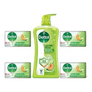 Dettol Body Wash Lasting Fresh Antibacterial 12HR Odour Protection 950g Bottle & 4 Lasting Fresh Soap Bars 100g Each Cleanser