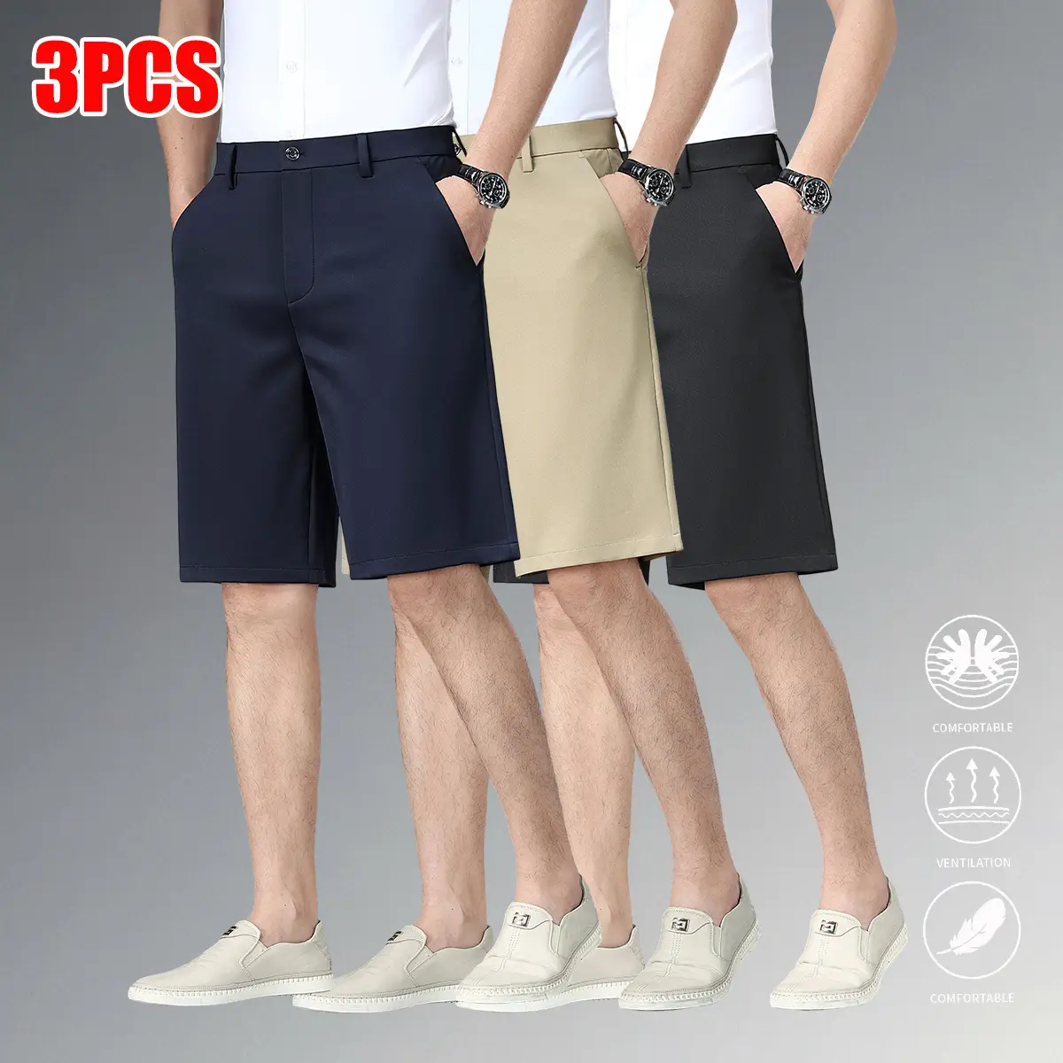 Men’s Menswear 3-Pack Polyester Formal Shorts - Stylish Business Design, Loose Regular Fit, Breathable Fabric, Classic Office Cut, Suitable for Work, Business Travel