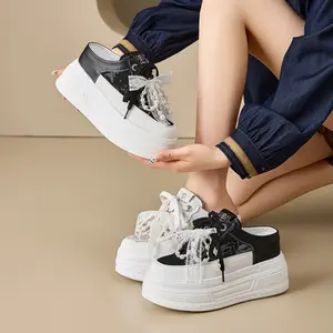 2025 Summer New Fashion Height Increasing Closed-Toe Half Slippers Outdoor Lazy Thick-Soled Platform Elegant Half Slippers White Shoes Footwear Flatform Women