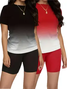 Plus Size Women's Summer Sweatsuits: Gradient Solid Color Comfortable Short Sleeve & Shorts Casual Two-Piece Outfit Womenswear Clothes Elegance Matching