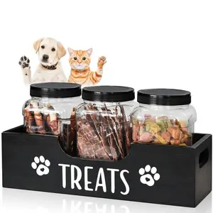 Wooden Pet Food Storage Box with 3 Clear Jars, Decorative Farmhouse Organizer for Dog Cat Snacks, Stylish Kitchen Accessory