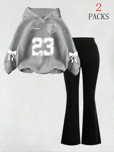 【FREE PERSOMALITY】Women's Warm Sweatshirt Set + Slim Fit Flare Pants, Casual Butterfly Print, Kangaroo Pocket, Fall & Winter