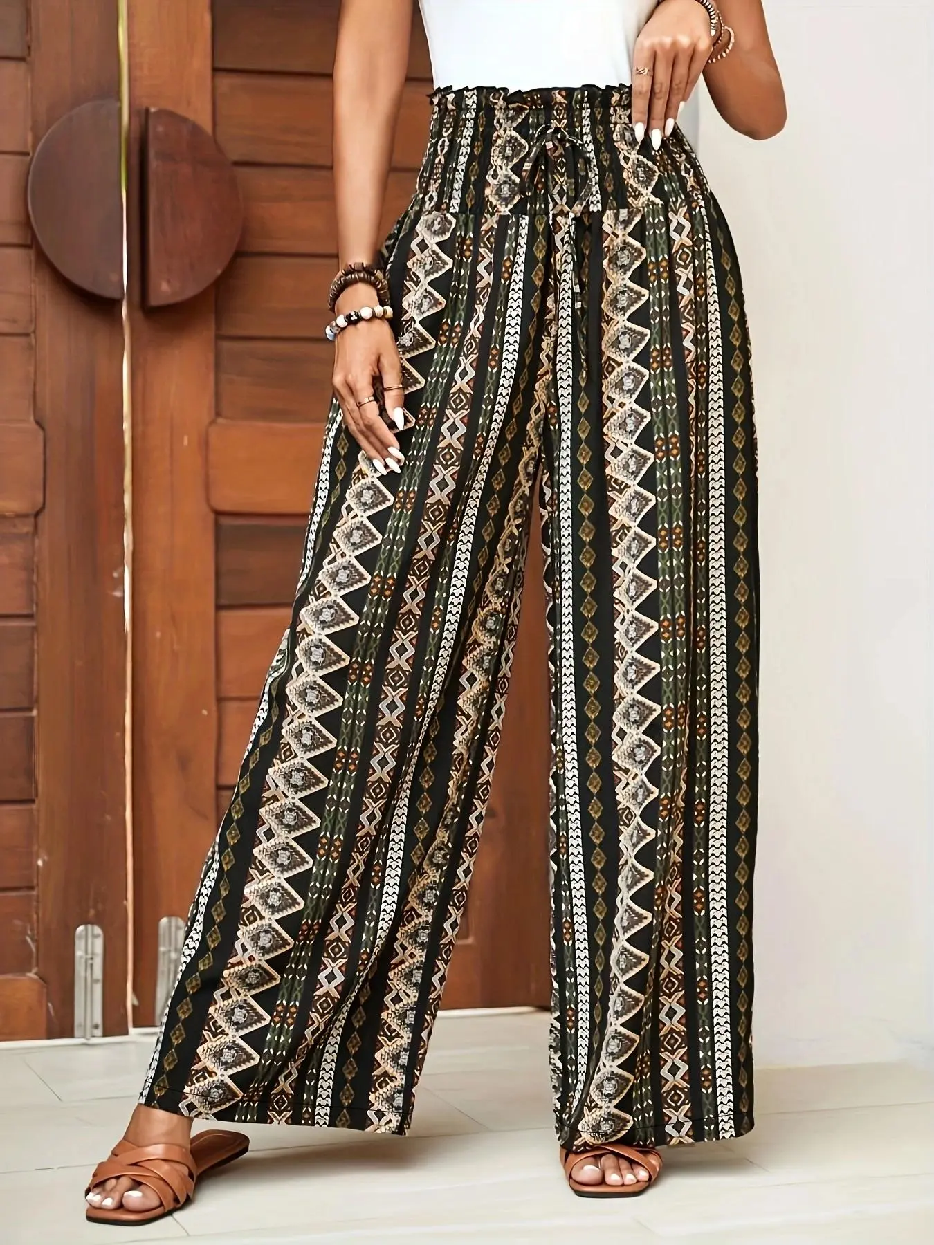 Women's Ethnic Pattern Paper Bag Waist Wide Leg Pants, Boho Bohemian Casual High Waist Shirred Trousers for Vacation Beach, Ladies Bottoms for All Seasons