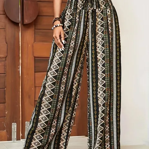 Women's Ethnic Pattern Paper Bag Waist Wide Leg Pants, Boho Bohemian Casual High Waist Shirred Trousers for Vacation Beach, Ladies Bottoms for All Seasons