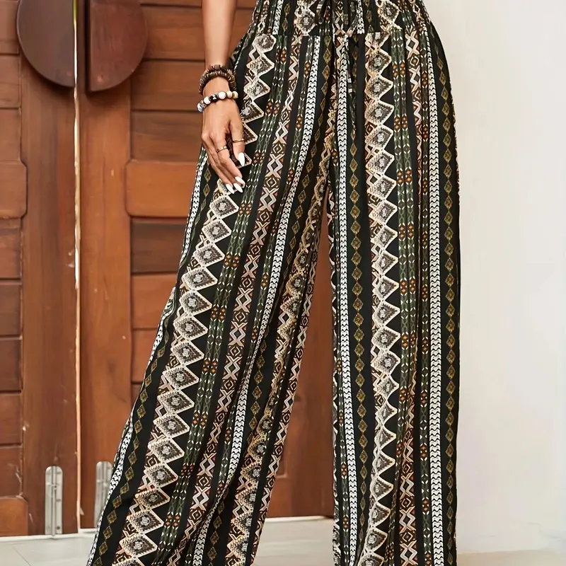 Women's Ethnic Pattern Paper Bag Waist Wide Leg Pants, Boho Bohemian Casual High Waist Shirred Trousers for Vacation Beach, Ladies Bottoms for All Seasons