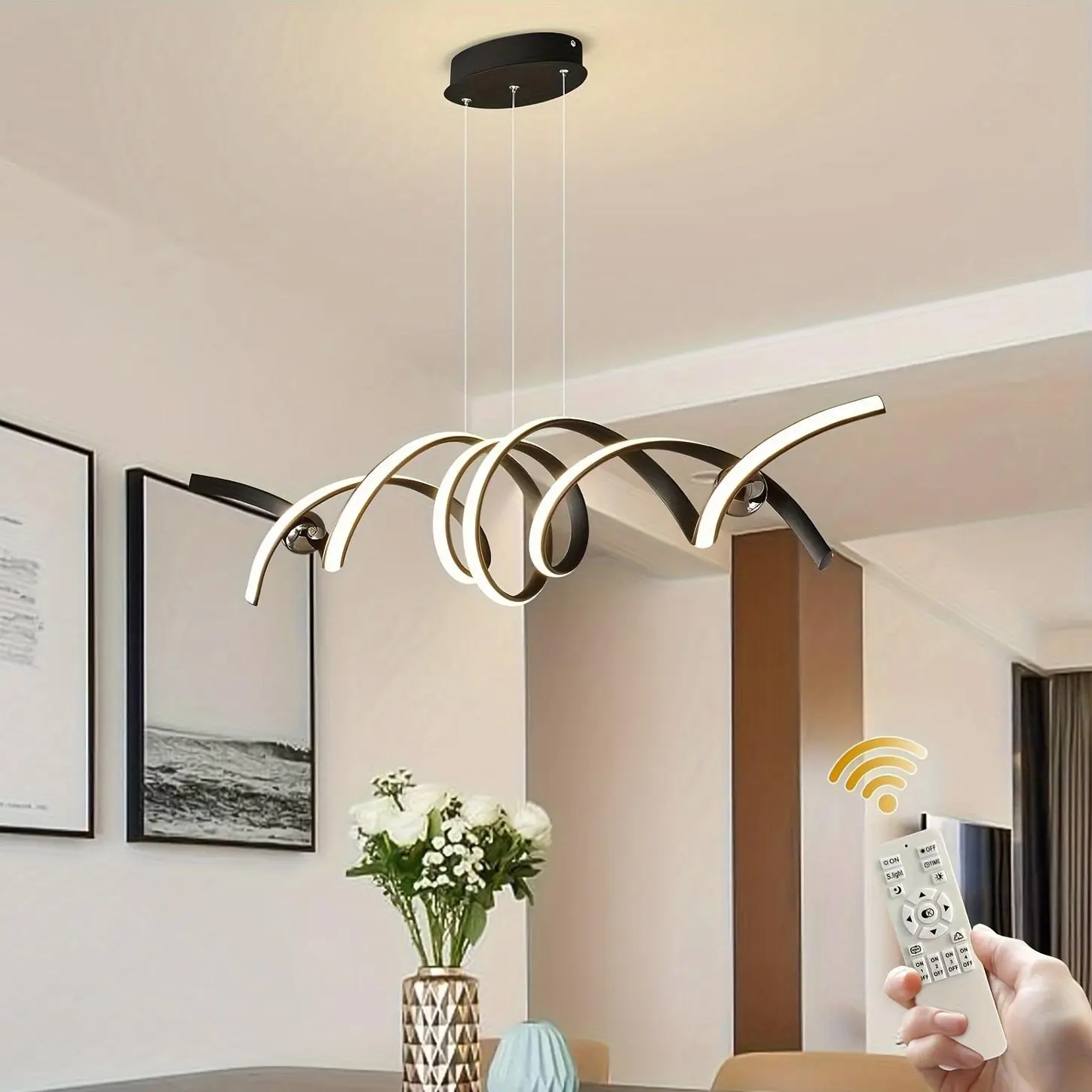 29.4" 2-Light Modern LED Dimmable Chandelier, Matte Black Aluminum Pendant Light with Remote for Dining Room, Kitchen, Office, Led Ceiling Lights, Dimmable Led Fandelier