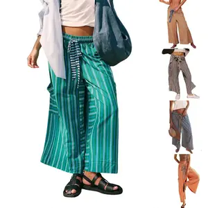 Women's Striped Drawstring Elastic Waist Wide Leg Pants, Lightweight Polyester Lady Bottoms with Pockets, Casual Lounge Clothes