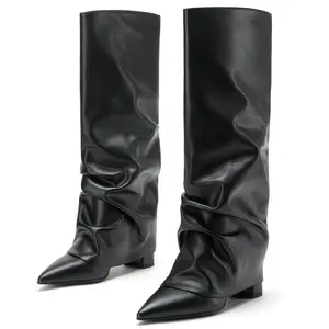 Women's Slouchy Knee High Boots Black Pointed Toe Fold Over Boot Chunky Heel Shark Boots