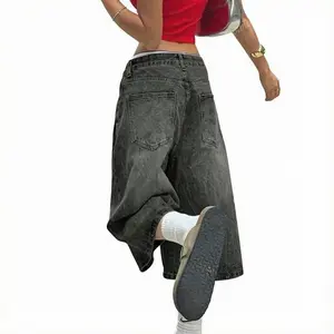 Blowise Y2K Street Vintage Washed Cat Whiskered Pocket Style Wide Leg Bermuda Jeans Denim Jorts Casual Shorts Cropped Trousers Blue Womenswear  stacked jeans straight leg jeans Bottoms Fabric Polyester All Over Print Zipper Fly Comfortable Daily Wear Wide