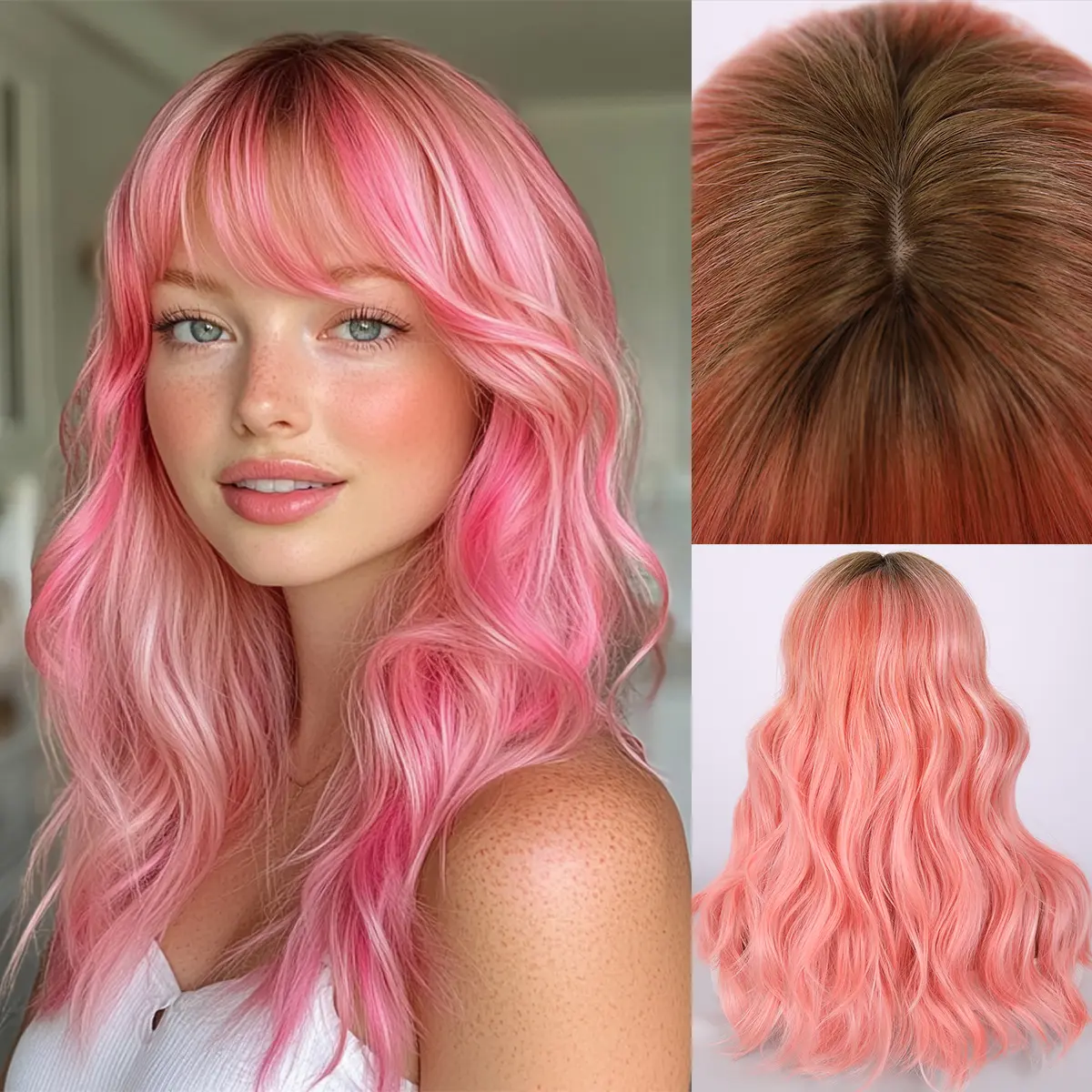 Smilco Artificial Wig for Women, 22 Inch Medium Curly Hair with Bangs, Ombre Brown Ash Pink Color for Daily Wear, Curled Wig, Daily Wear Wig