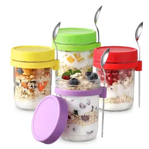 Premium 4 Pack 16oz Glass Overnight Oats Containers with Lids & Spoons, Airtight Mason Jars for Milk, Cereal & Fruit  Canister Kitchen Utensils Tin Multicolor