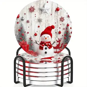 6-Piece Round Coaster Set Christmas Snowman & Gifts Design Ceramic Material Non-Slip Heat Resistant Ideal for Coffee Drinks Home Restaurant Decor Gift
