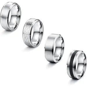 FLORIDECO 4 Pcs Stainless Steel Men Rings Silver Matte Finish Polished Band Rings Bottle Opener Rings Wedding Band Engagement Promise Rings Vintage Fidget Ring for Men N1/2-Z1/2 Daily