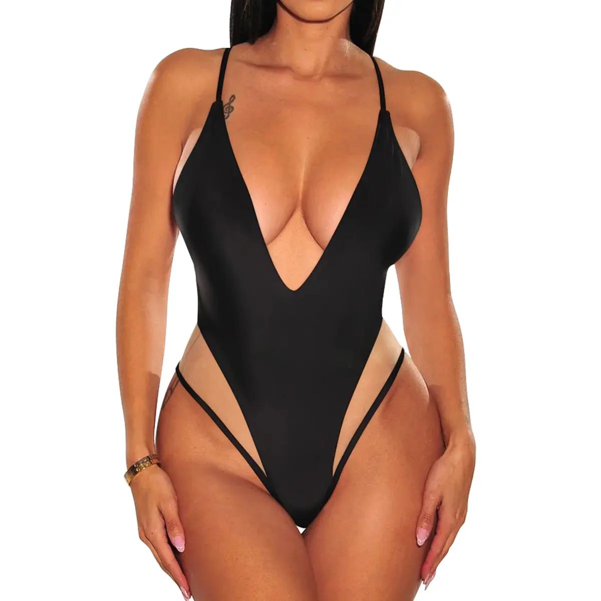 Aprilake Women’s Sexy Spaghetti Adjustable Strap Deep V Neck Backless See-through Mesh Swimsuit