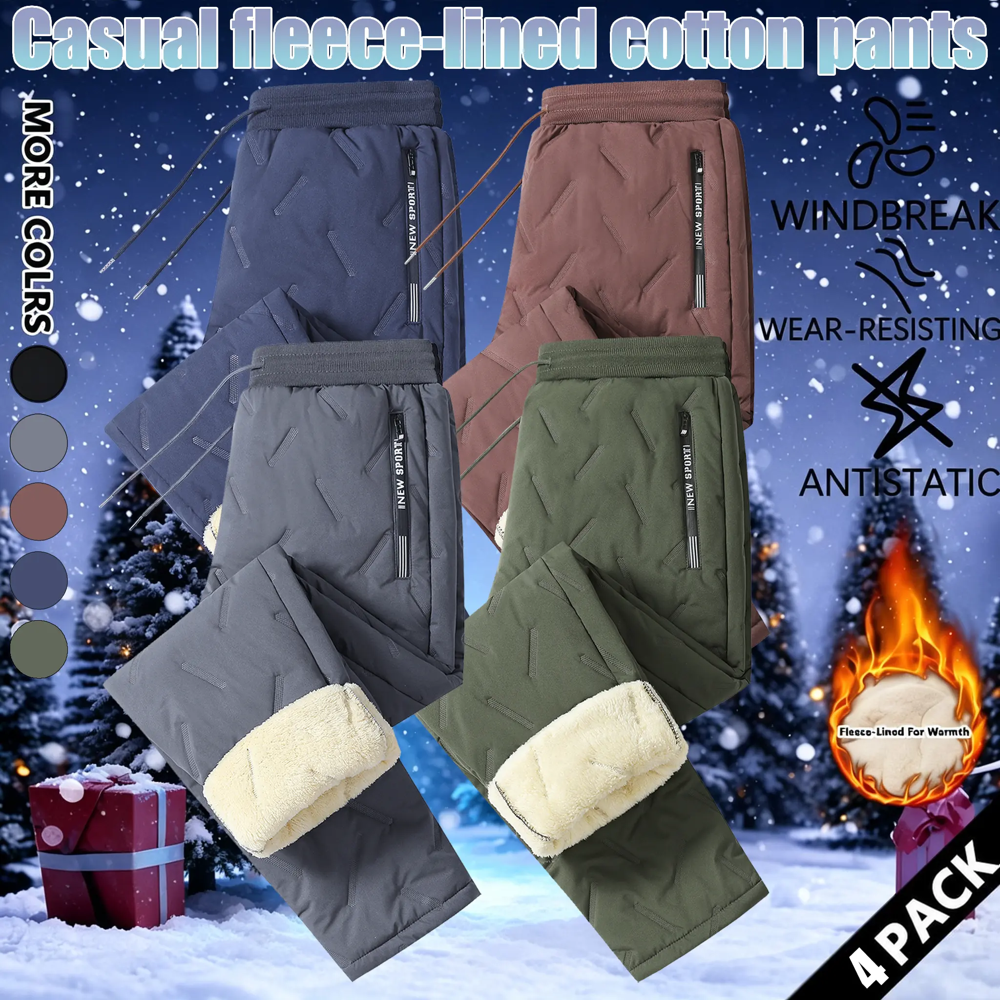 Men’s winter commuter long pants designed to keep you warm, featuring heat-sealed construction to prevent cotton from shifting, a thick fleece lining, side zippered pockets for storage, windproof fabric, suitable for light outdoor activities in winter, co