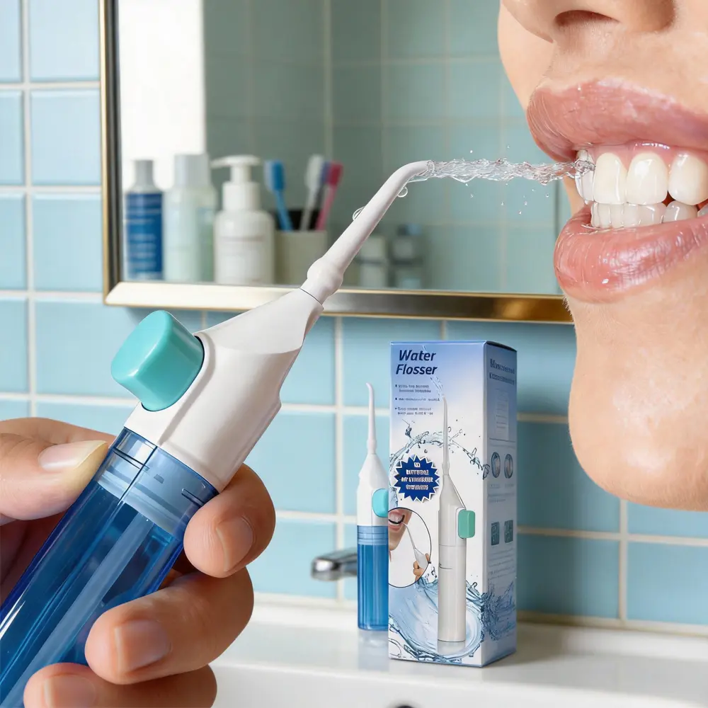 Portable Manual Oral Irrigator, Dual-Use Dental Flosser & Sinus Irrigator, Soft Floss for Deep Cleaning of Teeth, Braces, and Gum Line, No Batteries Required