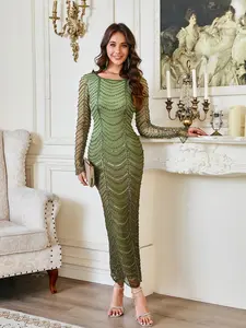 Elegant Sequin Statement Dress, Long Sleeve, Contrast Mesh, Sheer Sleeves, Square Neck, Mermaid Hem, Formal, Fit, Perfect for Evening Parties, Weddings, Banquets