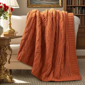 Chunky Knit Chenille Throw Blanket, Breathable  Knitted Blanket for Couch, Farmhouse Decorative Throw for Sofa Chair Bed, 60"x80", Burnt Orange