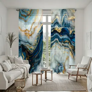 2Pcs Blue Golden Marble Pattern Sheer Curtains, Modern Abstract Design, Rod Pocket Easy to Install, Semi Transparent Window Screens, Elegant Home Decor Style, Suitable for Multi Room Living Rooms, Bedrooms, Study, and, Durabl