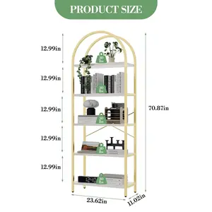Garvee Tall Arched Bookcase with Metal Frame, 5-Tier Modern Display and Storage Rack in Gold, Ideal for Bedroom, Living Room, or Home Office Bookshelves