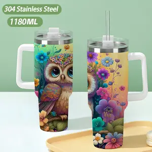 40oz large capacity car watter bottles with lid and handle, 304 stainless steel insulated tumbler with Owl wearing a wreath perched among flowers, suitable for car, office, travel and birthday gifts