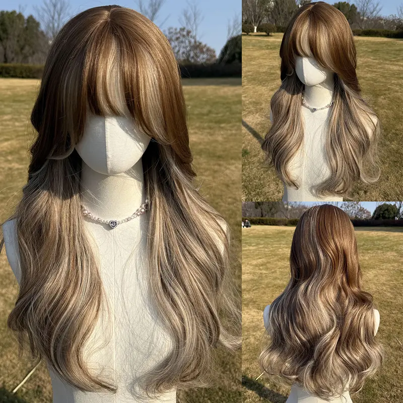 SMILCO 26" Body Wave Brown with Silver Highlight Synthetic Wig, with Curtain Bangs, Glueless, Natural-Looking Scalp, Full Machine Cap, Adjustable Straps & Breathable Cap, Vibrant Color & Soft Texture SM407 Holiday Haul