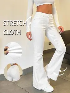 Y2K 2026 Women's Medium-High Waist Flare Leg Jeans, Casual Button Fly Pocket Design, Fashionable Bell Bottom Denim, All Seasons