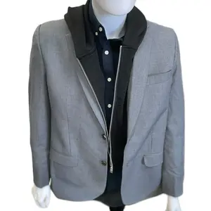Men's Hoodie Blazer 2Piece Set - Gray Suit with Button Front, Pockets, and Buttoned Collar, Ideal for Casual and Formal Wear - Menswear, Clothing