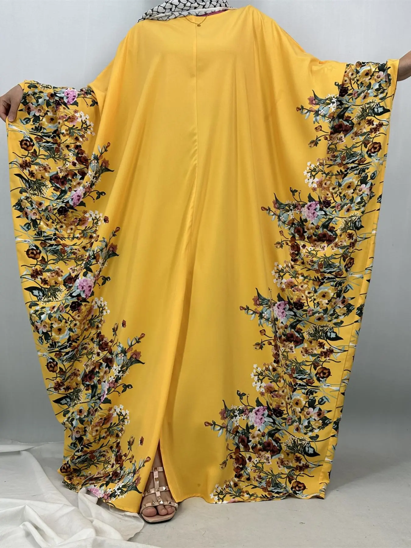 Women's Floral Print Batwing Sleeve Chiffon Abaya, Modest Fashion Long Sleeve Open Front Abaya for Daily Wear, Women's Islamic Clothing for All Season