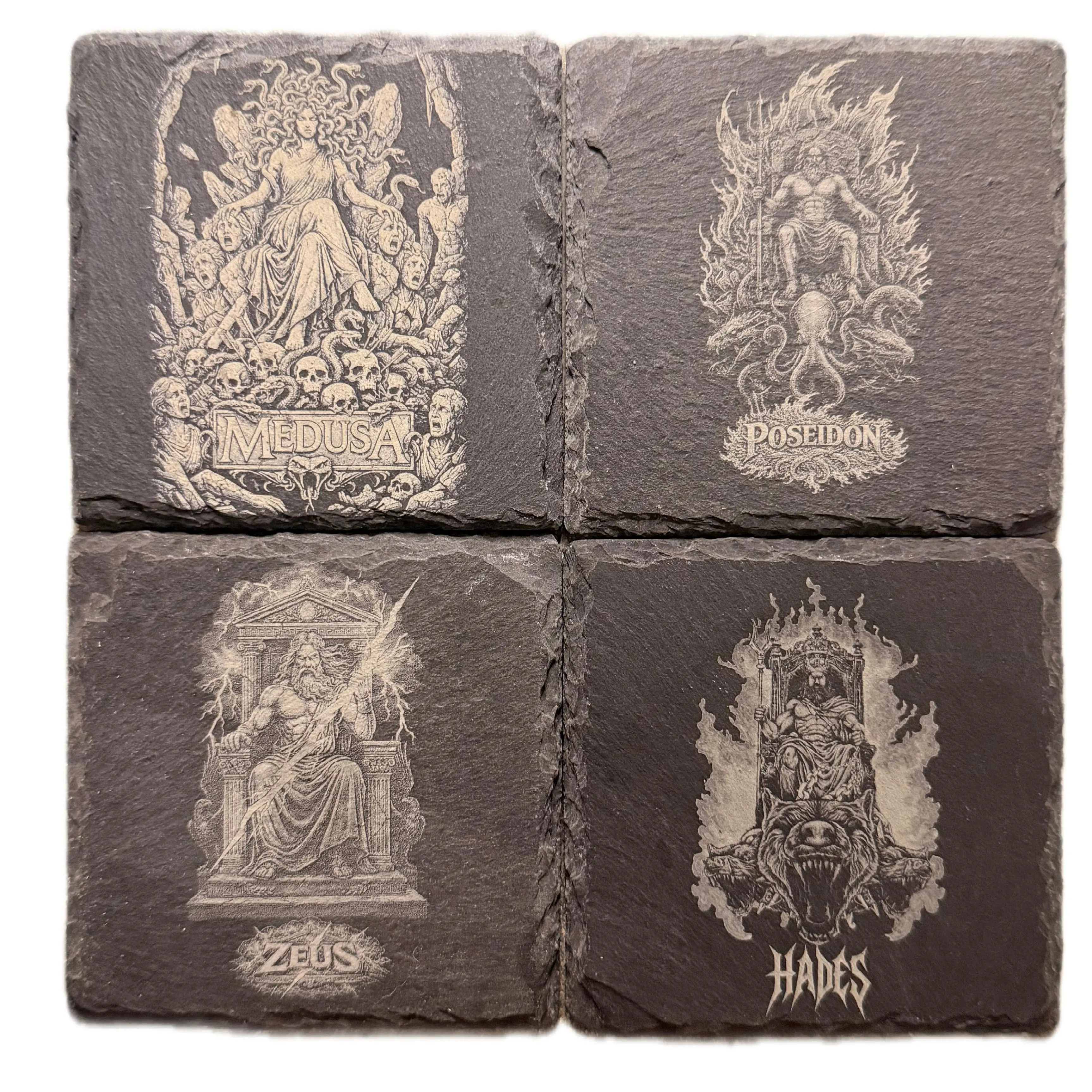 Greek God Slate Coaster | Hades Zeus Poseidon Medusa | Engraved Mythology Coasters | Gothic Bar Decor | Greek Myth Gift Set