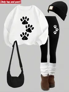 Women's 2-Piece Sweatshirt Set, Graphic Print, Round Neck Long Sleeve, Fitted Bottoms, Casual Winter, Perfect for Holidays