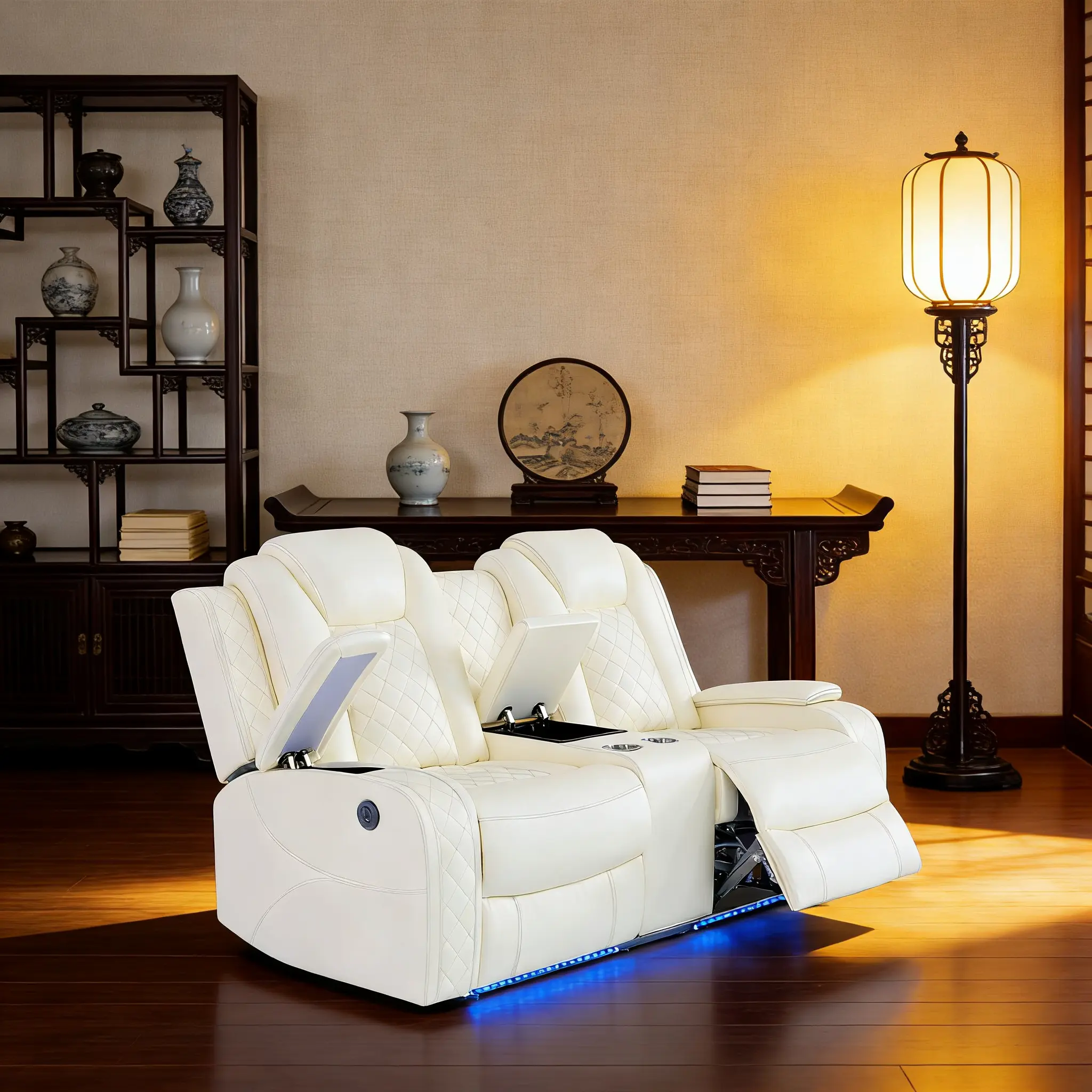 Summervibes White Leather 2-Seater High Back Reclining Loveseat - Indoor Living Room Furniture, Living Room Chairs, Upholstered Leather Chairs, Adjustable Backrest Loungers, LED Lighting, Storage Console, Ergonomic Seat