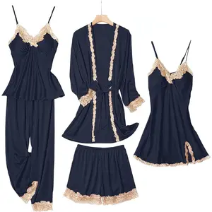 Womens Pajama Sets 5PCS Silk Pajamas for women Cute Sleepwear Loungewear Sets for Women Soft Pjs Robe Womenswear Cami Homewear Basic Black Minimalist