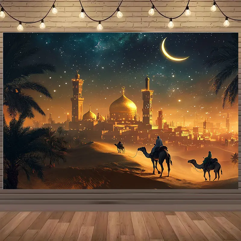 1pc to Experience The Enchantment of The Arabian Night Sky! A Backdrop for Middle Eastern Festivals Featuring Dazzling Stars And The Silhouettes of Desert Camels, Perfect for Ramadan And Other Religious Celebrations