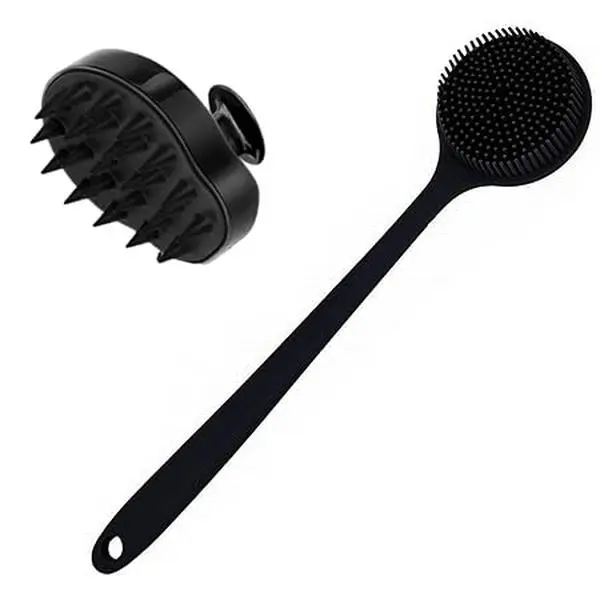 Silicone Bath Brush Set, 2-Pack Exfoliating Body Scrubber with 15" Long Handle & Anti-Dandruff Scalp Massager for Back & Head Cleaning, Unscented Accessories for All Skin Types, Adult, Personal, Stress Relief, Fragrance Free