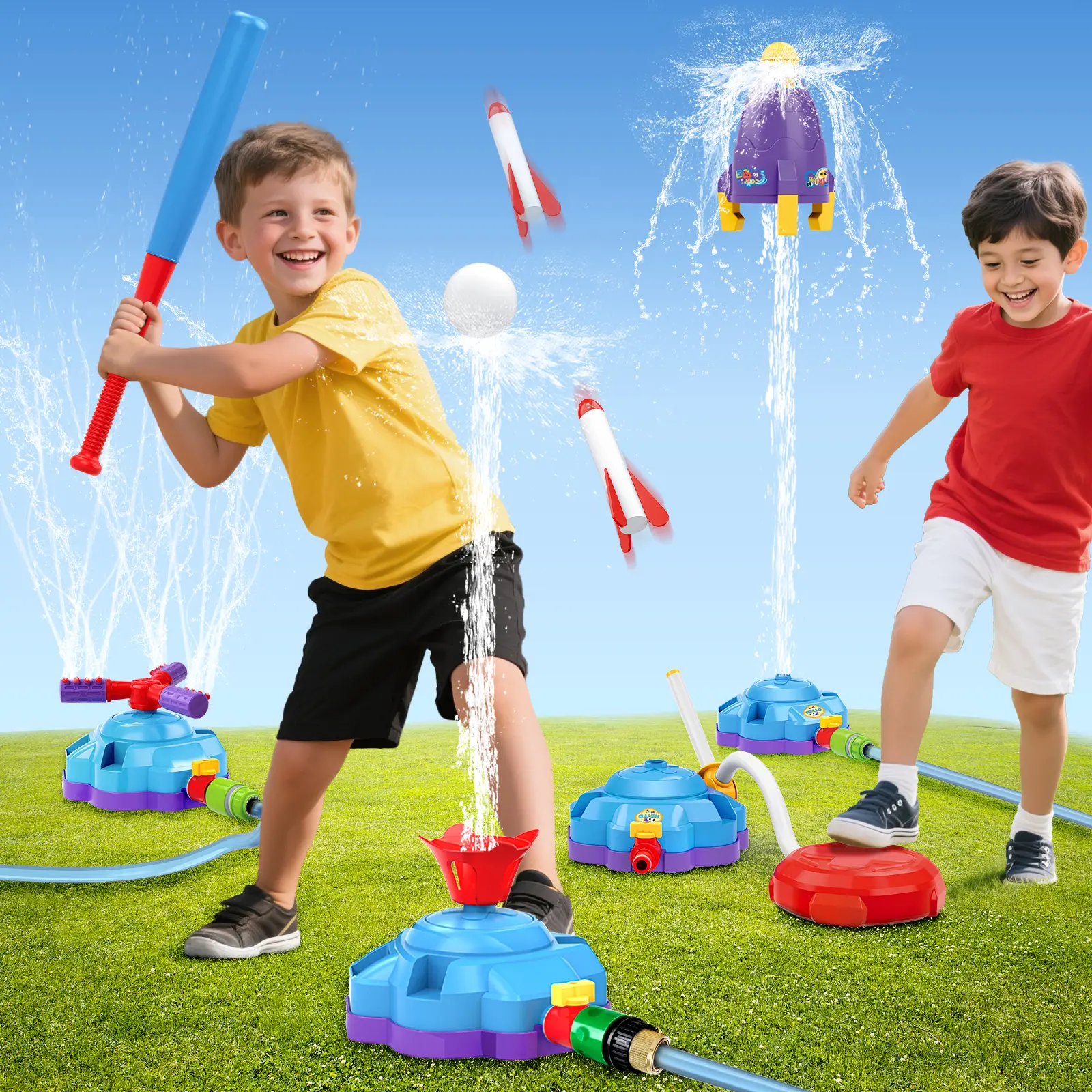 4-in-1 Water Sprinkler Baseball Toy, Water-Spraying Rocket, Water Baseball, Rocket Launch Game, Spinning Water Sprayer Outdoor Summer Toys for Boys Girls Outside Water Game Toys for Kids 3-12