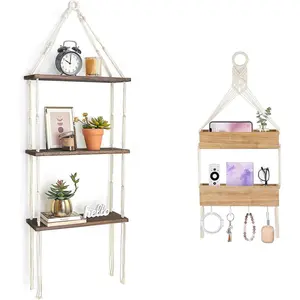 Macrame Wall Hanging Shelf Wood Floating Shelves with Cute Woven Rope Room Decor Display Photos Plant Hanging Storage Shelves for Bathroom, Bedroom, Living Room, Nursery