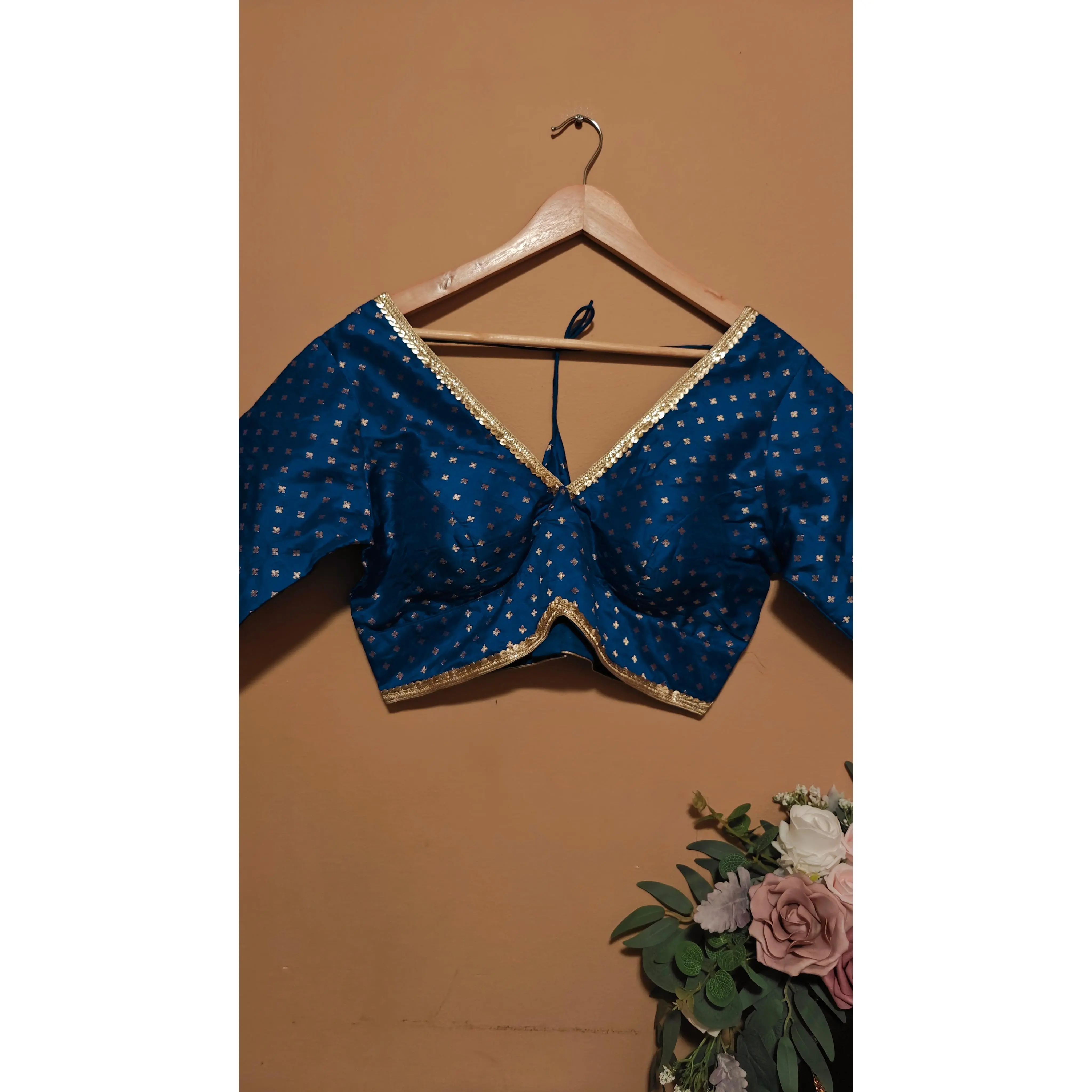 Banarasi Blue Party Wear Blouse - Adjustable Womenswear with Traditional Design and Decorative Detail