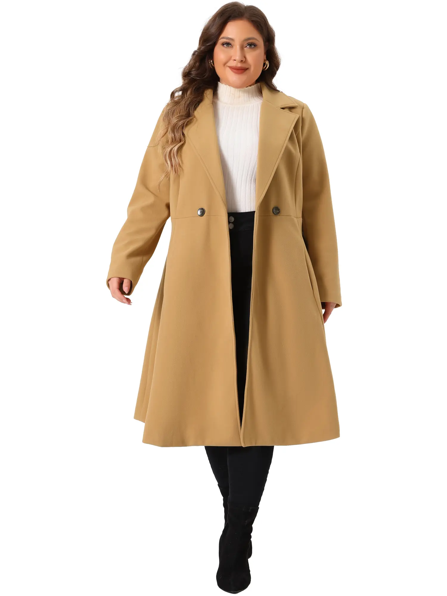 Agnes Orinda Plus Size Coats of Women's Double Breasted Notch Lapel A Line with Pockets Winter Trench Long Coats
