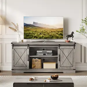 Farmhouse TV Stand with Sliding Barn Doors, Entertainment Center Media Console for TVs Up to 65 Inch, Adjustable Shelf Storage Cabinet, Modern Rustic Living Room Furniture, Brown