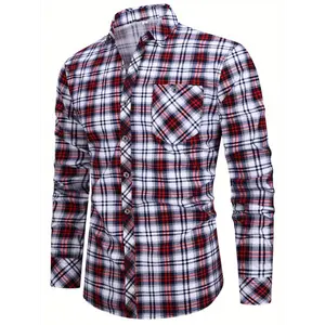 Men's Classic Plaid Long Sleeve Shirt with Chest Pockets - Casual Polyester Button-Up for Spring, Fall & Casual Attire