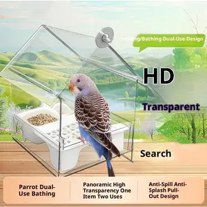 Clear Bird Feeder with Roof - No Mess Anti-Scatter Food Container & Bird Bath 2-in-1, External Mount for Cage, for Parrots, Lovebirds, Cockatiel, Parakeets feeding box