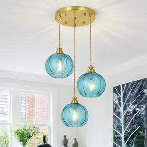 Vintage 3-Light Globe Pendant Light, Ribbed Glass Chandelier, Height Adjustable for Kitchen Living Room, Blue/Gray-green，E26，Bulb not included，