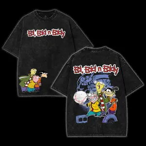 Ed Edd n Eddy Washed Cotton Shirt, Cartoon Vintage Graphic Tee, Double Sided Print Retro 90s Animation T-Shirt, Streetwear Washed Cotton Top Mens Unisex