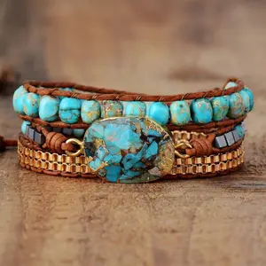 Bohemian Style Faceted Turquoise Bracelet – Triple Wrap Handmade Braided Leather Cord Wristband