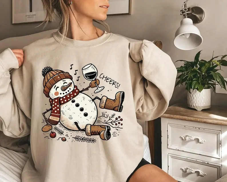 Snowman Wine Christmas Sweater, Cheers Funny Xmas Celebration Sweatshirt, Winter Holiday Season Women's Gift Idea, Funny Christmas Crewneck