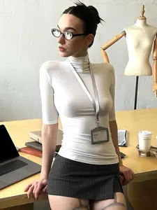 High Neck Medium Sleeve Fitted Bottom Up Shirt, Elegantly Enhances Your Neckline, Sleek Mid-Sleeve Cut, Perfect Daily Wear