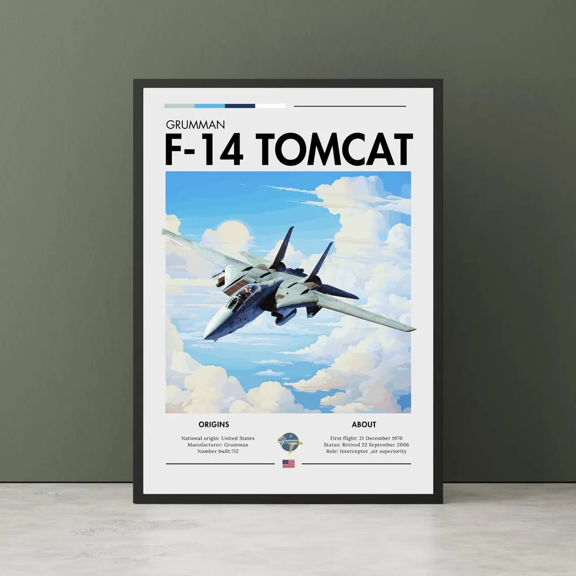 Grumman F-14 Tomcat Poster, Fighter Jet Wall Art, Aviation Art Print, Military Aircraft Decor